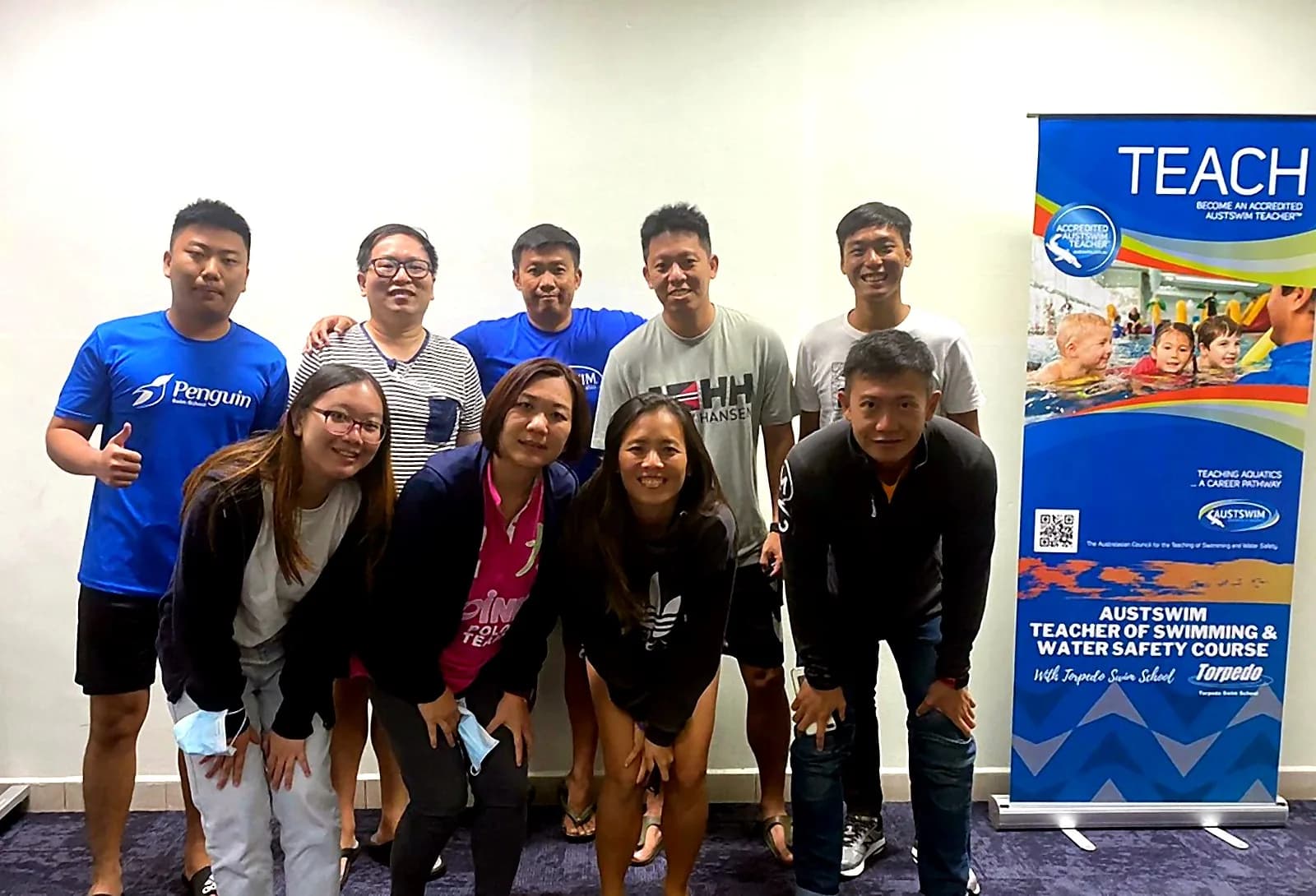 Penguin Academy coach training candidates after swim teacher course training in Singapore