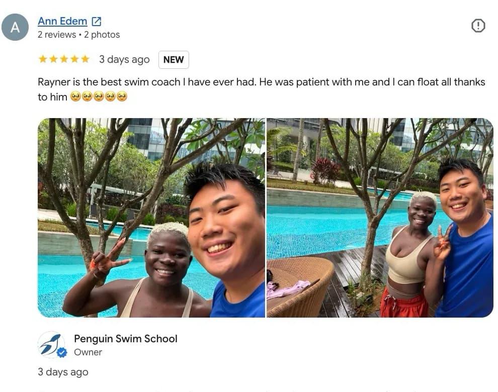 Google review screenshot from Ann Edem praising Coach Rayner's patient private swimming lesson support