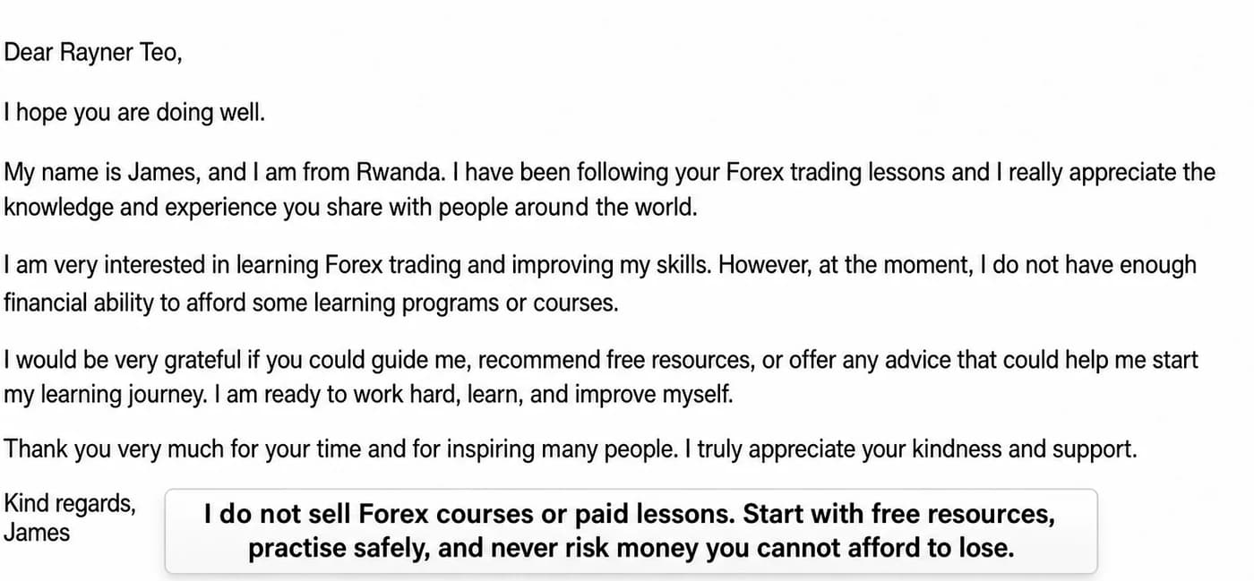 Email from a beginner asking for free trading resources with Rayner's note about not selling Forex courses or paid lessons