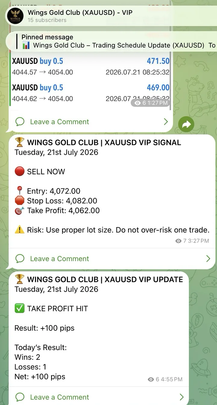 Wings Gold Club VIP Telegram update showing an XAUUSD signal, risk reminder, and take-profit result for education