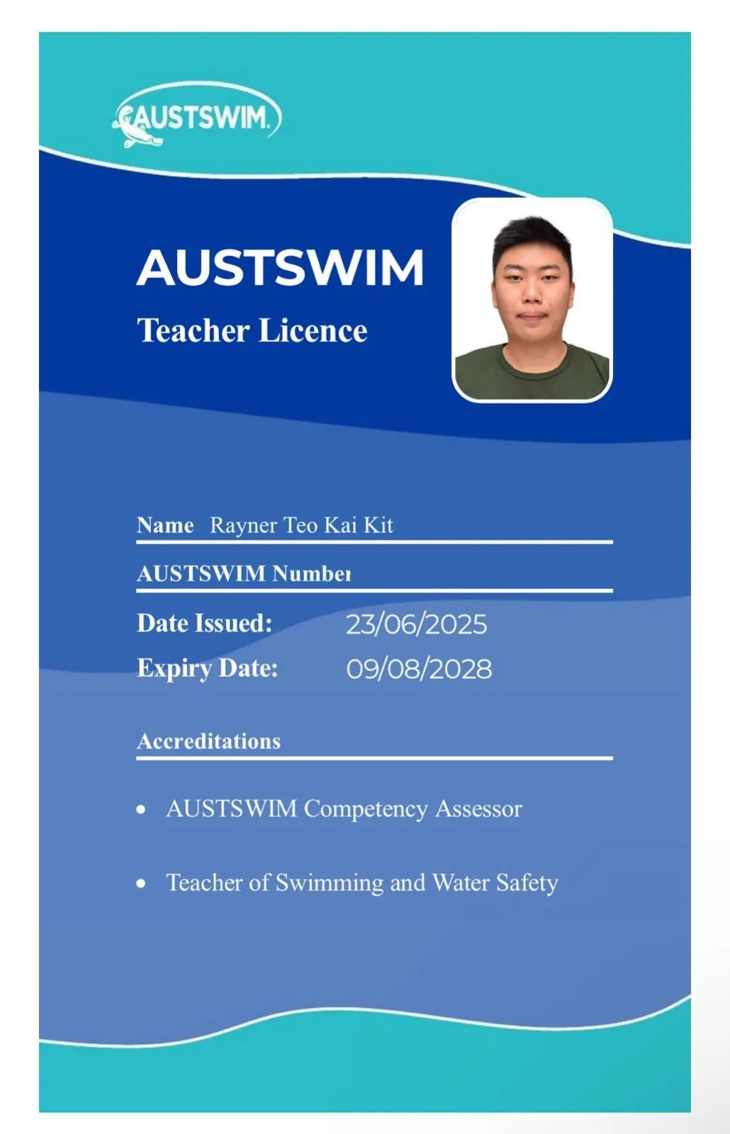 AUSTSWIM Teacher Licence certificate for Rayner Teo Kai Kit
