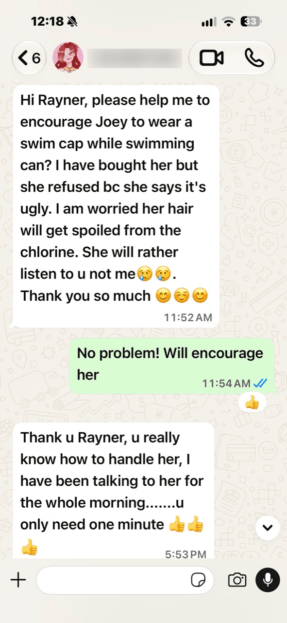WhatsApp conversation in which a parent thanks Coach Rayner for helping communicate with her child, with the parent's phone number blurred for privacy