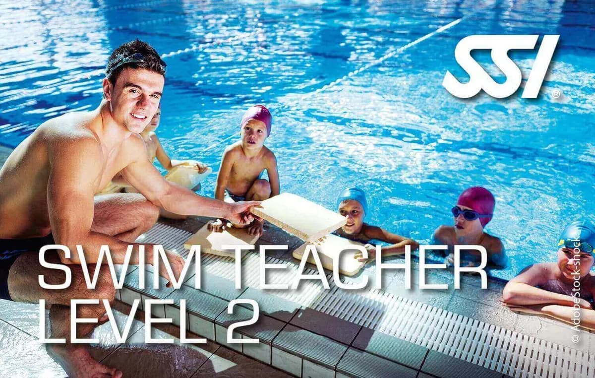 SSI Swim Teacher Level 2 reference image showing an instructor leading swimmers at the pool edge